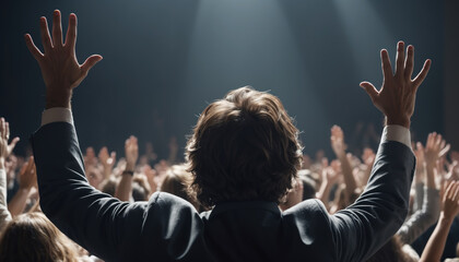 Man raising hands in worship in front of people in the church. AI generated