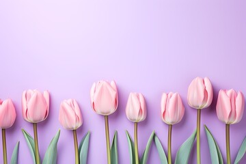 Top view of tulip flowers in full bloom on a pastel lavender background, allowing for seamless text integration.