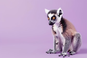 Fototapeta premium Cute lemur isolated on purple background. Adorable exotic pet. Funny animal portrait. Design for banner, poster, advertising with copy space