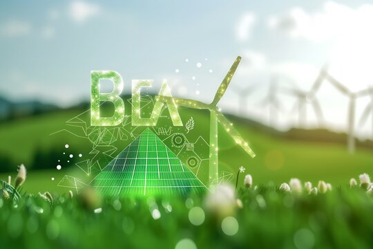 Green energy concept with holographic windmill and solar panel graphics over lush field. Digital art of sustainable power, wind turbines and solar icons on a verdant landscape