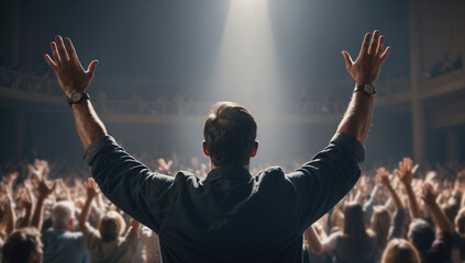 Fototapeta na wymiar Man raising hands in worship in front of people in the church. AI generated