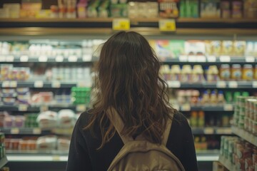 Woman in a grocery store comparing product labels Making informed choices about nutrition and quality