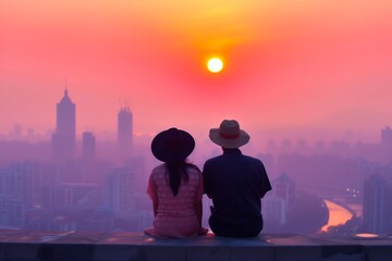 Silhouetted couple watches sunset over cityscape, their intimacy framed by the radiant hues of dusk. Back view of two watching golden sun dip below skyline, a tranquil end to day in urban silhouette.