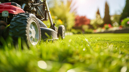 Lawn mower cutting green grass in backyard mowing. - obrazy, fototapety, plakaty