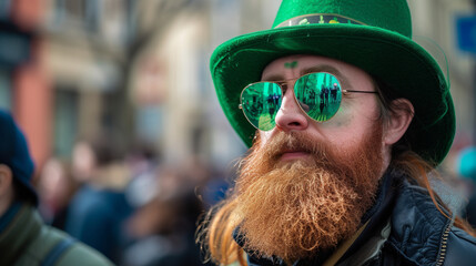 man in st patrick's day parade. wearing green top hat. leprechaun cosplay.