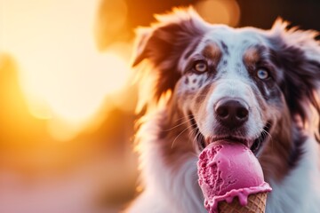 A lively australian shepherd enjoying a sweet pink treat, savoring every lick with its playful mouth under the warm outdoor sun