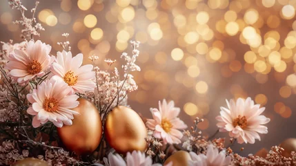 Selbstklebende Fototapeten Gold easter eggs with gerbera flowers amidst gold bokeh bacground © XXXX