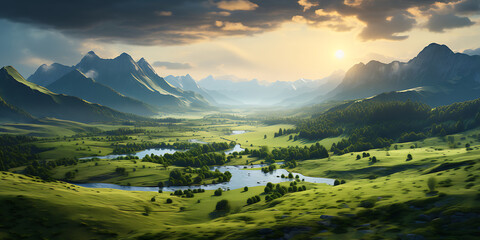 Panoramic landscape of green grassy meadows at sunset.