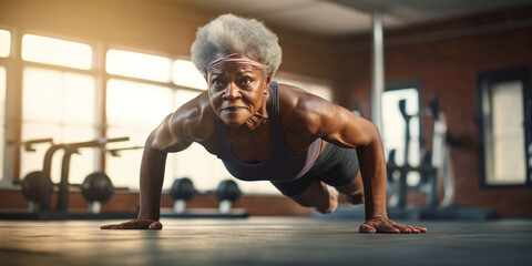 Muscular mature African American woman doing push ups in the gym. Sports training for older people. - obrazy, fototapety, plakaty