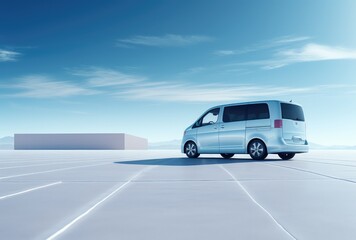3d render of white van on the road with clear sky background