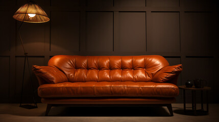 Leather sofa with lamp.