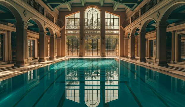 A tranquil oasis nestled within a grand building, an indoor pool with arched windows invites relaxation and rejuvenation in a serene thermae setting