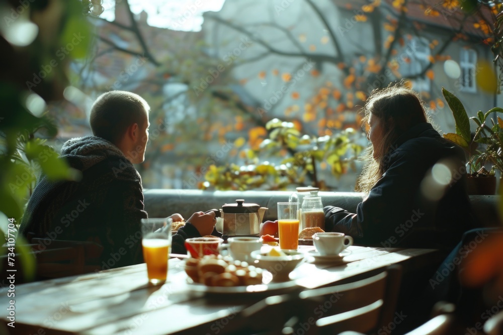 Poster a picture of a couple sitting together at a table. this image can be used to depict a variety of sit