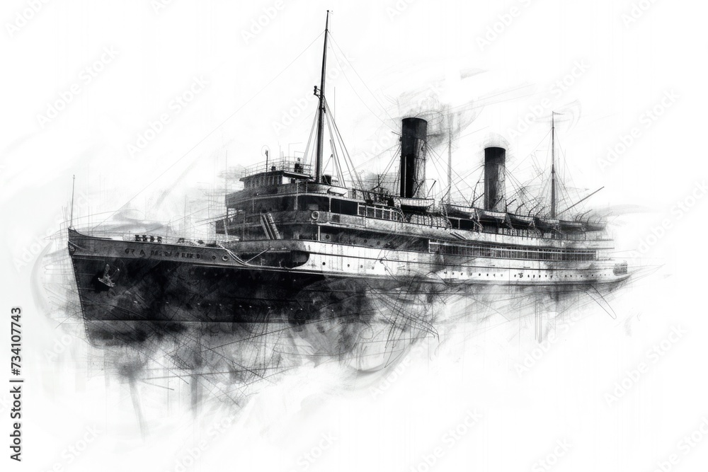 Poster a black and white drawing of a steam ship. suitable for various artistic and historical projects