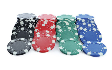 Plastic casino chips stacked on white background. Poker game