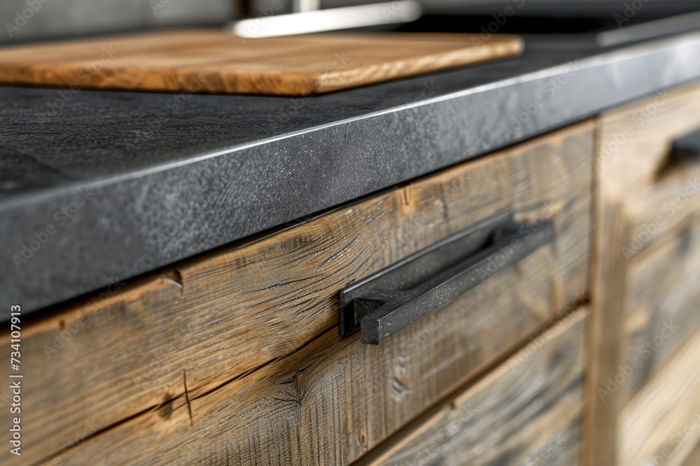 Poster a kitchen counter with a cutting board placed on top. ideal for food preparation and cooking-related