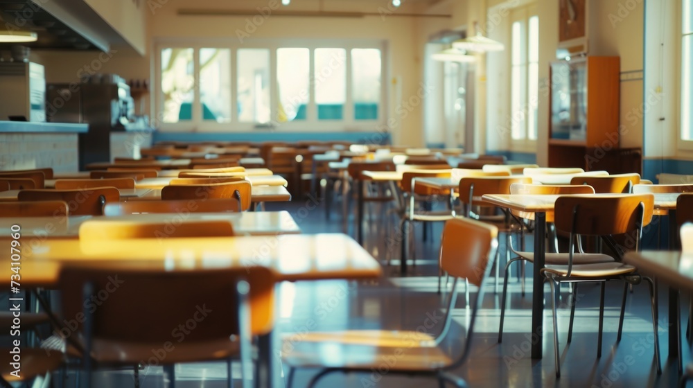 Poster A classroom with many tables and chairs. Suitable for educational and training concepts