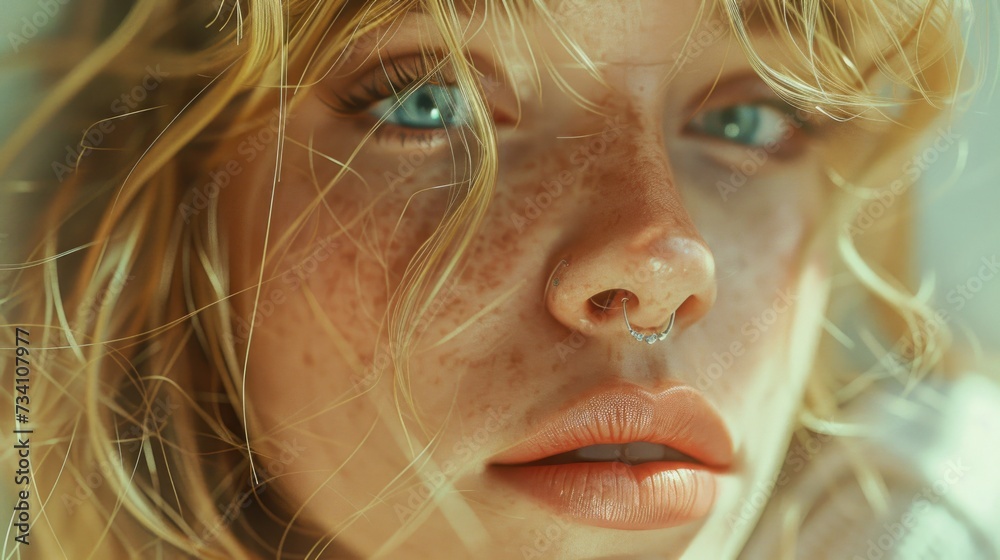 Poster a close up view of a woman with freckles on her face. this image can be used to represent natural be