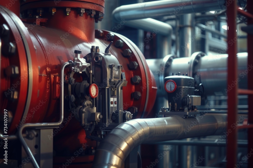 Poster a detailed view of a large red pipe. this image can be used to illustrate industrial processes or pl
