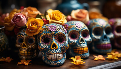 Fototapeta premium Day of the Dead celebration colorful decorations, spooky skulls generated by AI
