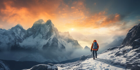 Hiker in orange jacket walking on snow covered mountain peak at sunset - Powered by Adobe