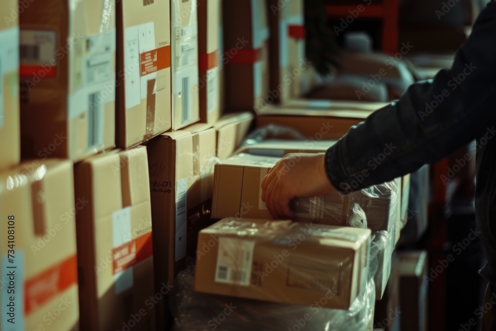 Poster a person picking boxes from a shelf in a warehouse. suitable for illustrating warehouse operations a