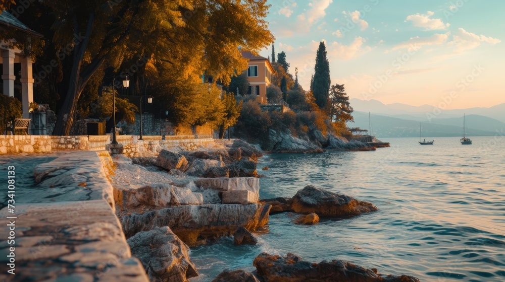 Poster a picture of a stone wall next to a body of water. this image can be used to depict tranquility and 