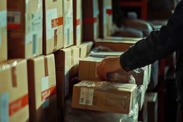 A person picking boxes from a shelf in a warehouse. Suitable for illustrating warehouse operations and logistics