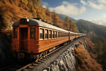 Train in the mountains. Railway in the mountains. Traveling by train.