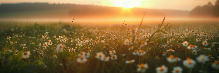Green meadow with camomiles on sunrise (1)