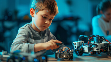 Little boy in robotics school makes robot managed.