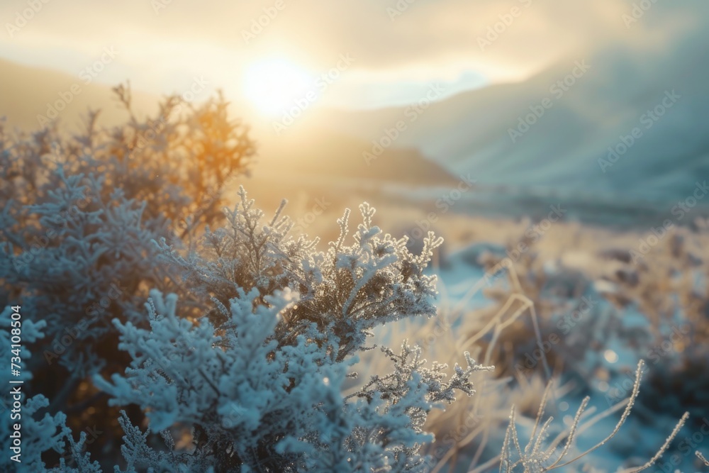 Aufkleber a bush covered in frost standing in the middle of a field. suitable for nature and winter-themed pro