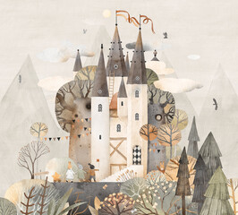 Castle in the forest. Cute city among the clouds and trees. Decor for a children room. Watercolor background. Castle on a background of mountains.
