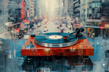 A city artist paints a building on a busy street while their record player spins, creating a beautiful outdoor reflection of creativity and self-expression