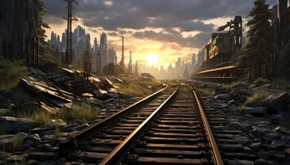 railway in the middle of the city. 3d render illustration