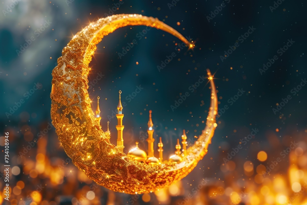 Poster a stunning golden crescent with a vibrant cityscape in the background. perfect for travel and archit