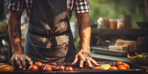 A chef in an apron prepares vegetables on a barbecue grill. Street food festival.