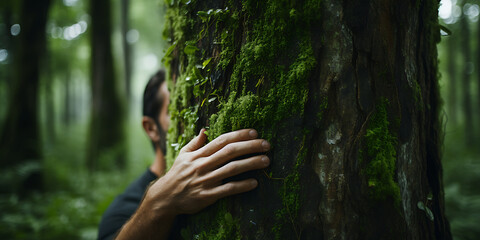 Man climbing a tree in the forest. Selective focus. nature.