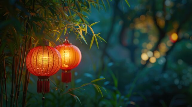 A picture of a couple of red lanterns hanging from a tree. Can be used to create a festive atmosphere or as decorative elements for various events