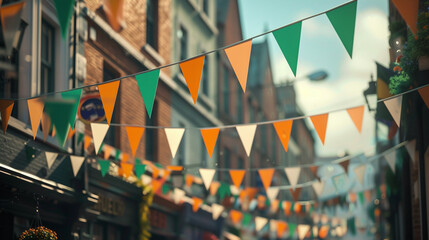 republic of ireland bunting flags in the city during st patrick's day. - obrazy, fototapety, plakaty