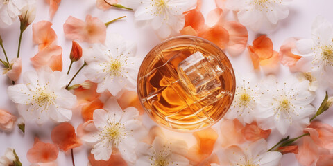Top view of whiskey or bourbon glass with spring flowers on a white table. Alcoholic drinks advertising banner mockup.