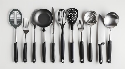 Various kitchen utensils neatly arranged on a table. Suitable for food preparation or cooking concepts