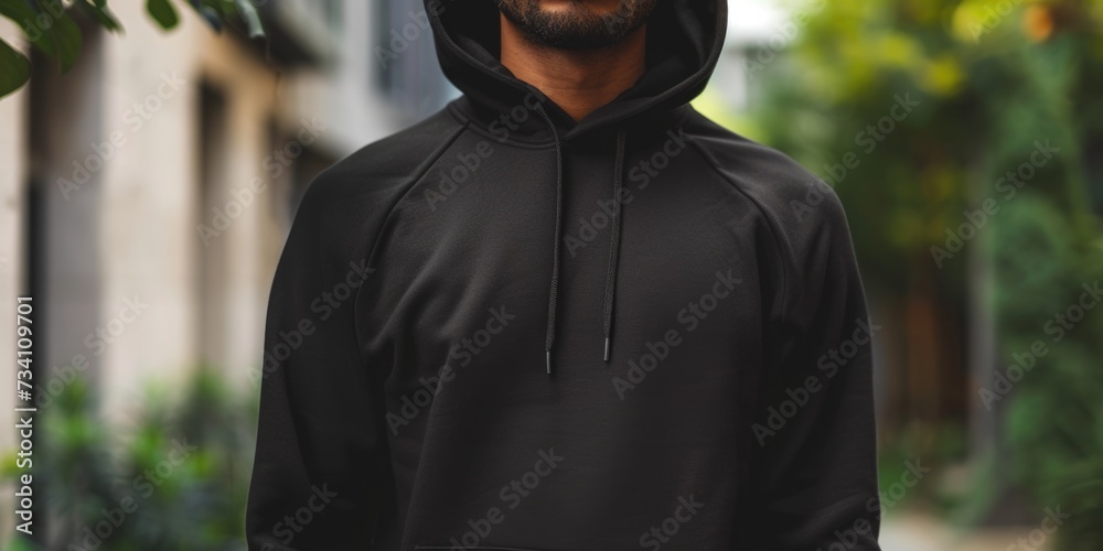 Poster a man wearing a black hoodie stands in front of a building. this image can be used to portray myster