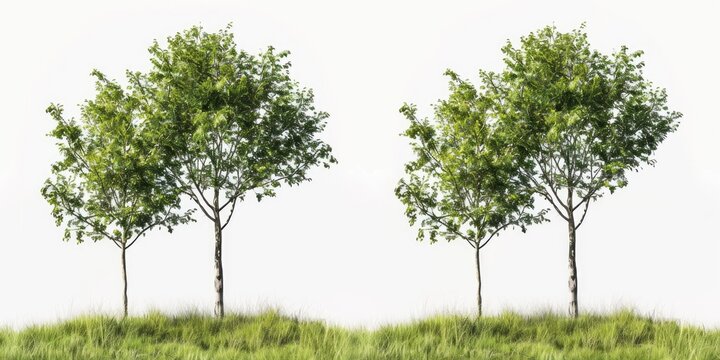 A picture of a couple of trees sitting on top of a lush green field. Can be used to depict nature, landscape, or tranquility
