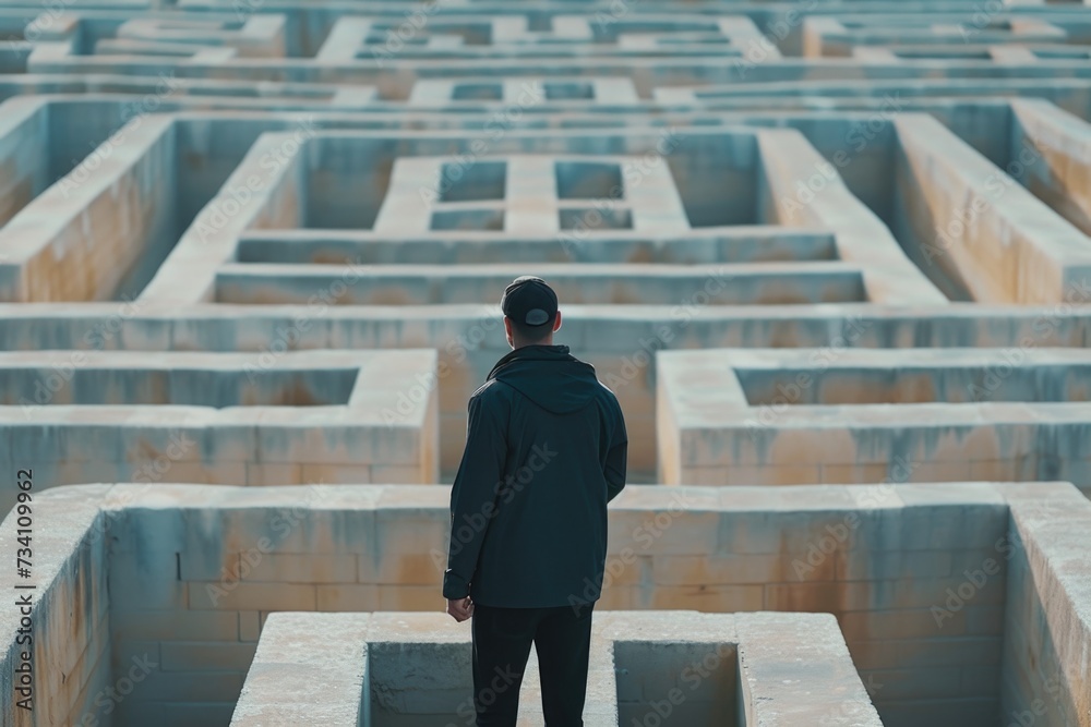 Poster A man standing in front of a maze. This image can be used to represent challenges, decision-making, problem-solving, and finding one's way