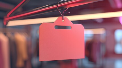 A red tag hanging from a clothes rack. Can be used for inventory management or sale promotions - obrazy, fototapety, plakaty