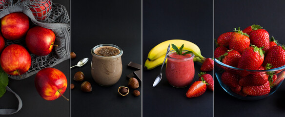 Collage of photos of healthy food. Milk yogurt with chocolate and hazelnut, smoothie with strawberry and banana, apples and strawberry on the black background.