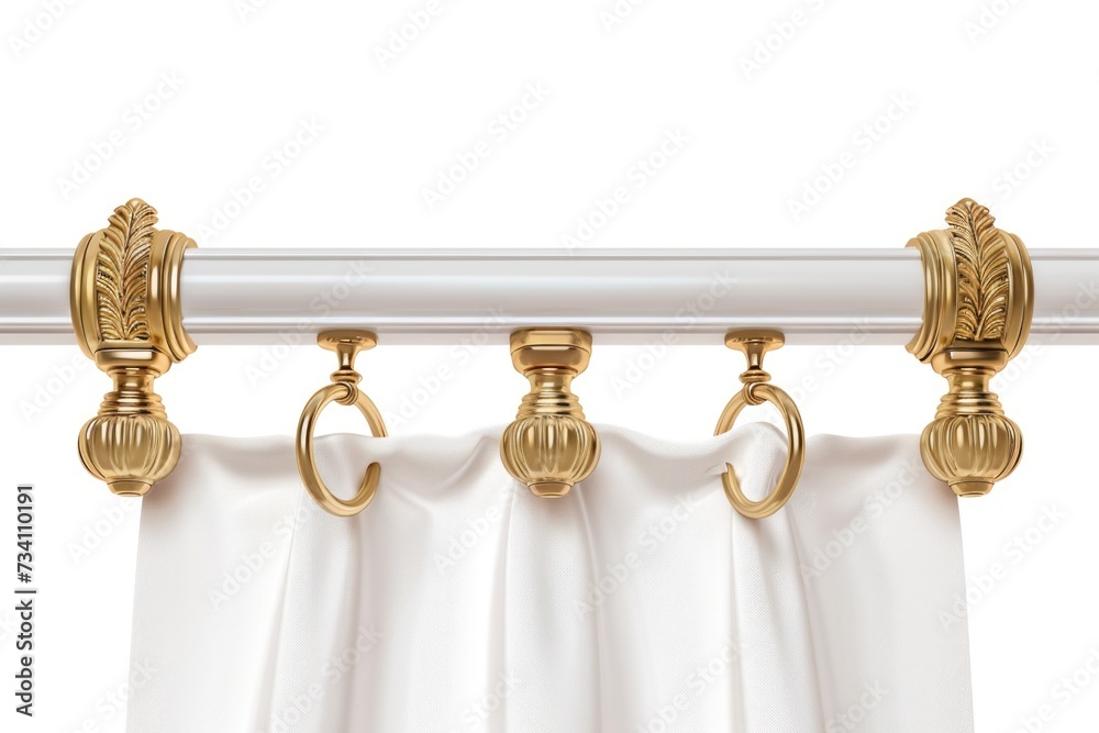 Poster a curtain with gold hardware on a rod. perfect for adding a touch of elegance to any room