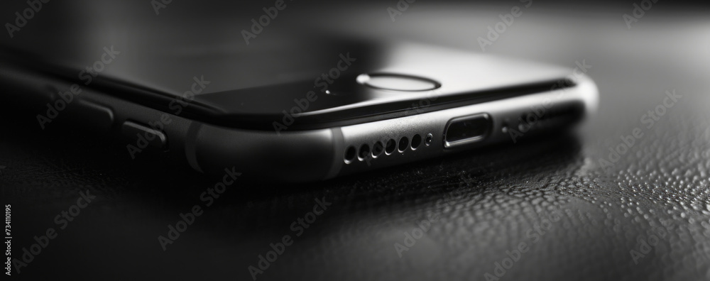 Poster A close up view of a cell phone placed on a table. Suitable for technology and communication concepts