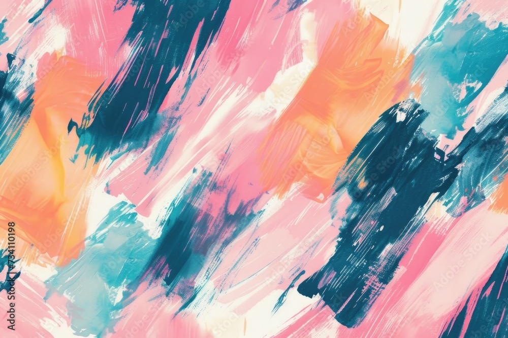 Poster a vibrant abstract painting featuring a mix of pink, blue, and orange colors. perfect for adding a p
